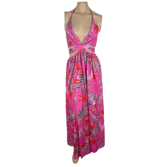 Shein Pink Floral Bikini Halter Maxi Cutout Dress 8/10 - Picture 2 of 8